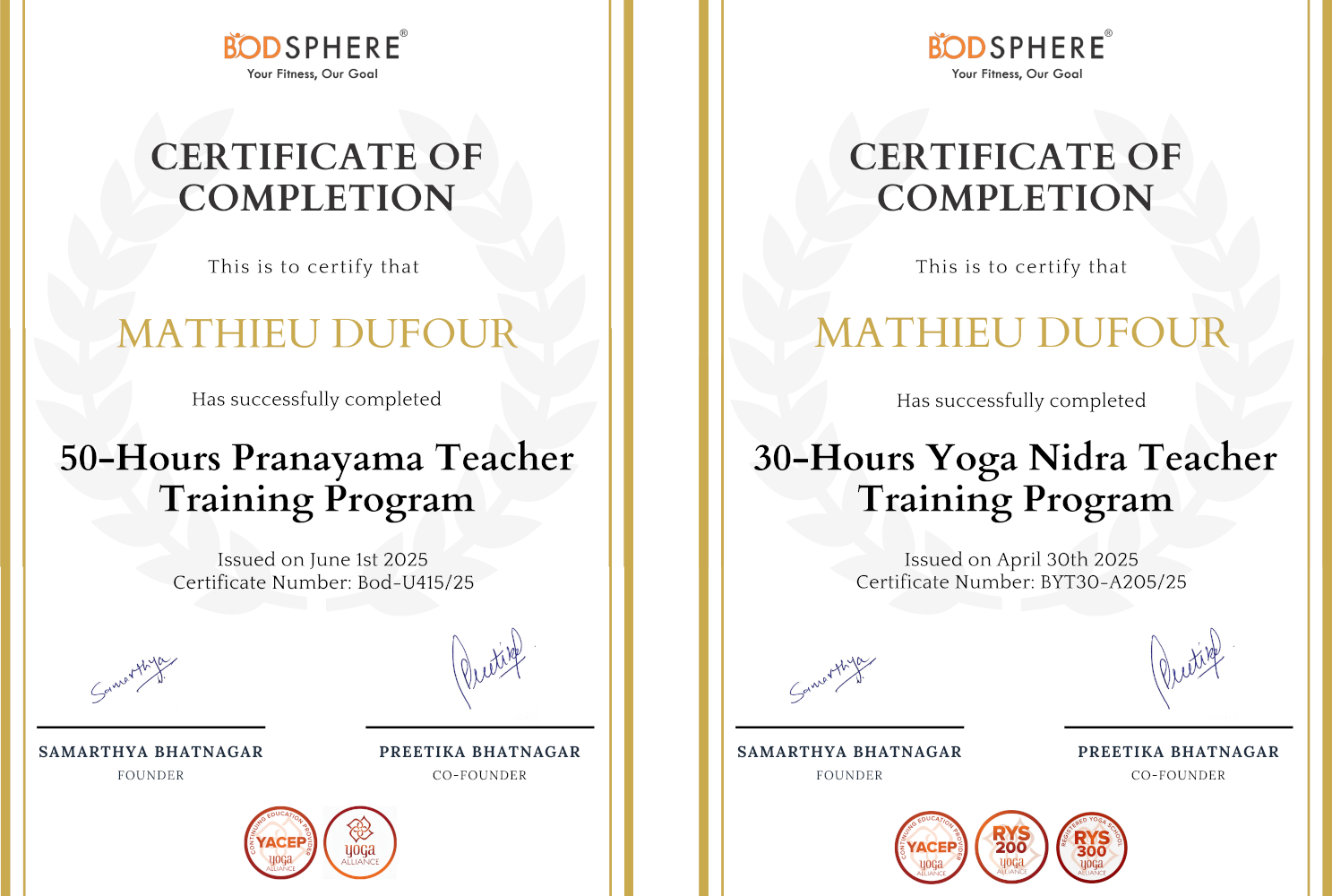 Certificats Pranayama et yoganidra